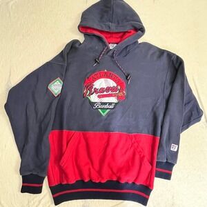 Vintage Atlanta Braves Hoodie Medium Navy Red MLB Patch Applique Logo Pro Sport